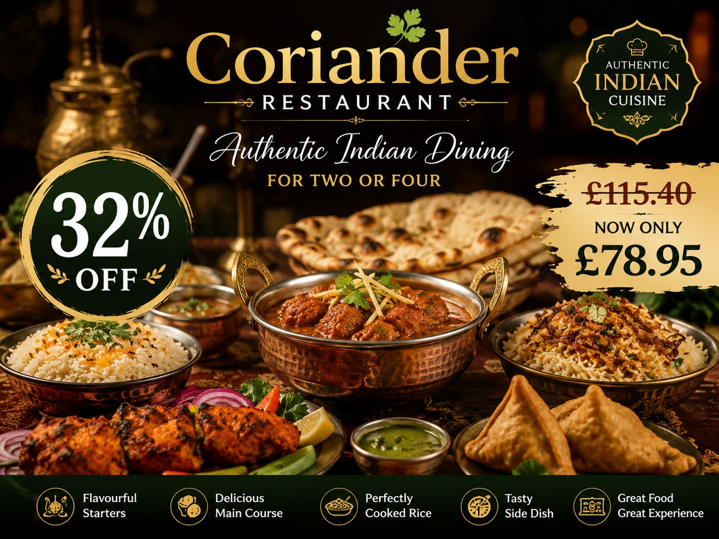 Authentic Indian Meal for Two or Four with Starters, Main Dishes, Rice and Side – Up to 32% Off