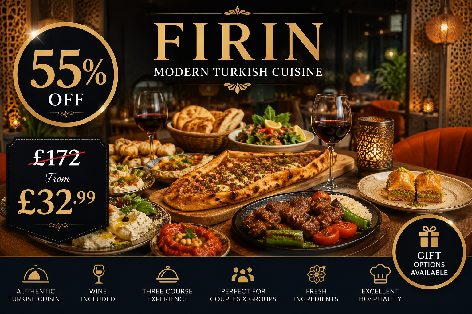 Experience a Delightful Three-Course Turkish Meal with Wine for Two or Four – Up to 55% Off