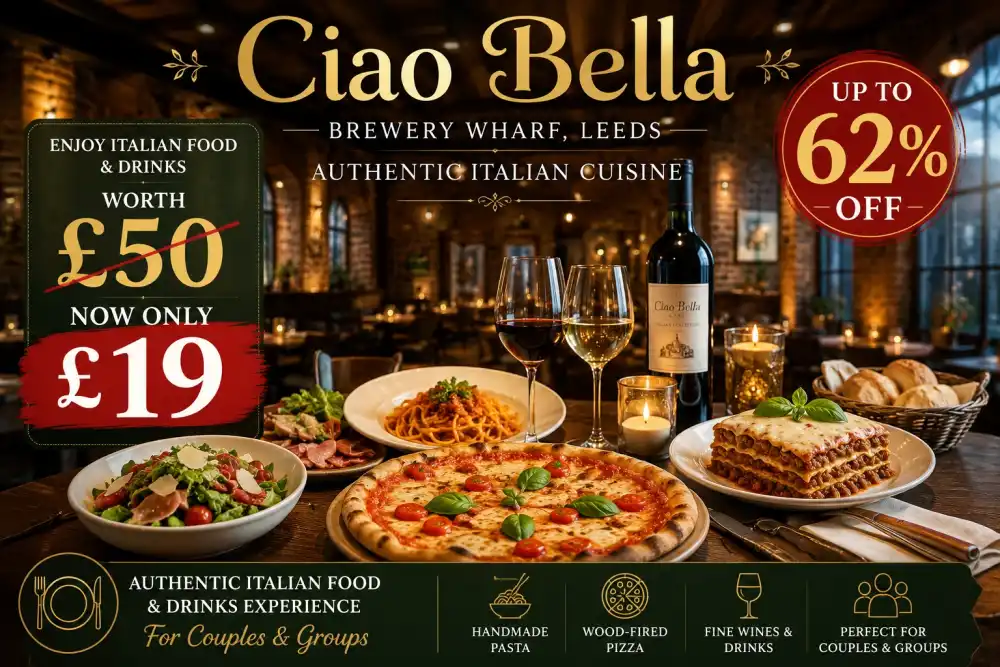 Savor Italian Cuisine Worth £25 or £50 at Ciao Bella Brewery Wharf Up to 62 Percent Off