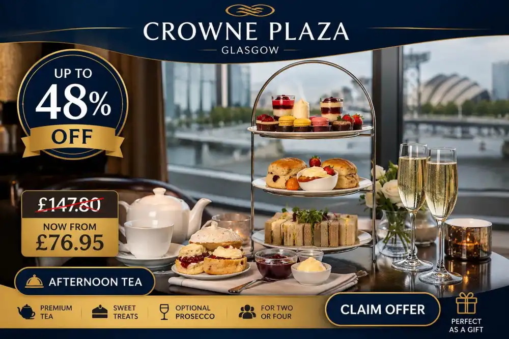 Enjoy Classic or Prosecco Afternoon Tea for Two or Four at Crowne Plaza Glasgow Up to 48% Off