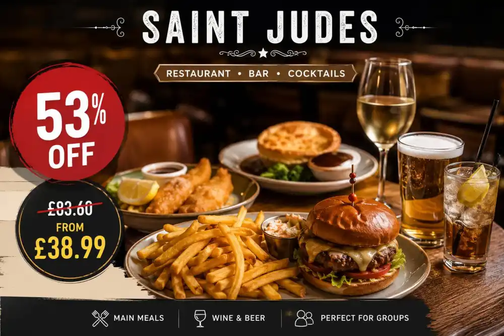 Main Meal with Wine Beer or Soft Drink for Two or Four at Saint Judes Up to 53 Percent Off