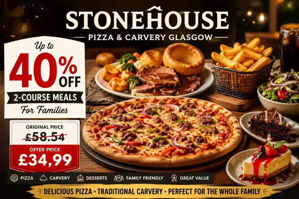 Up to 40% Off 2-Course Meals for Families at Stonehouse Pizza and Carvery Glasgow