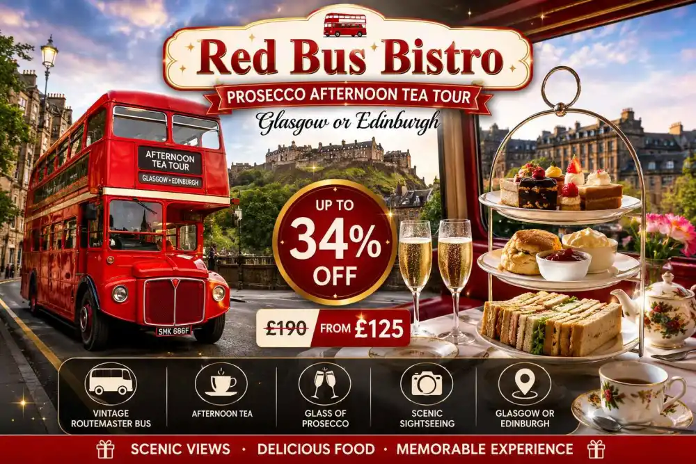 Up to 34% Off Red Bus Bistro Prosecco Afternoon Tea Tour in Glasgow or Edinburgh