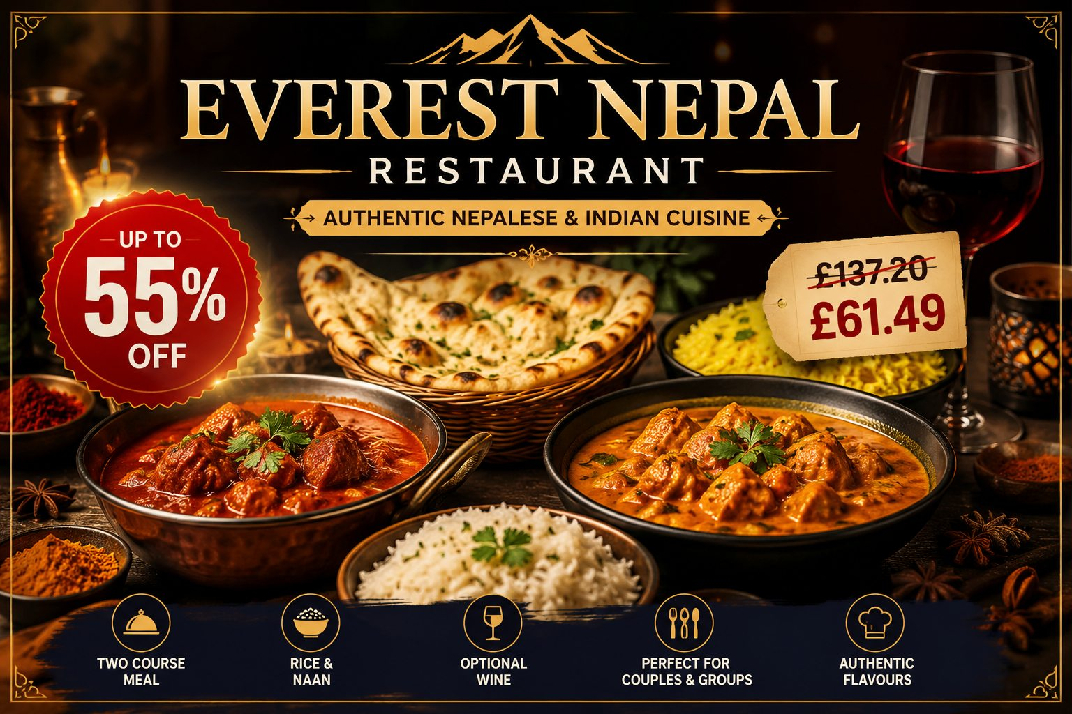 Up to 55% Off Two Course Meal with Rice Naan and Optional Wine
