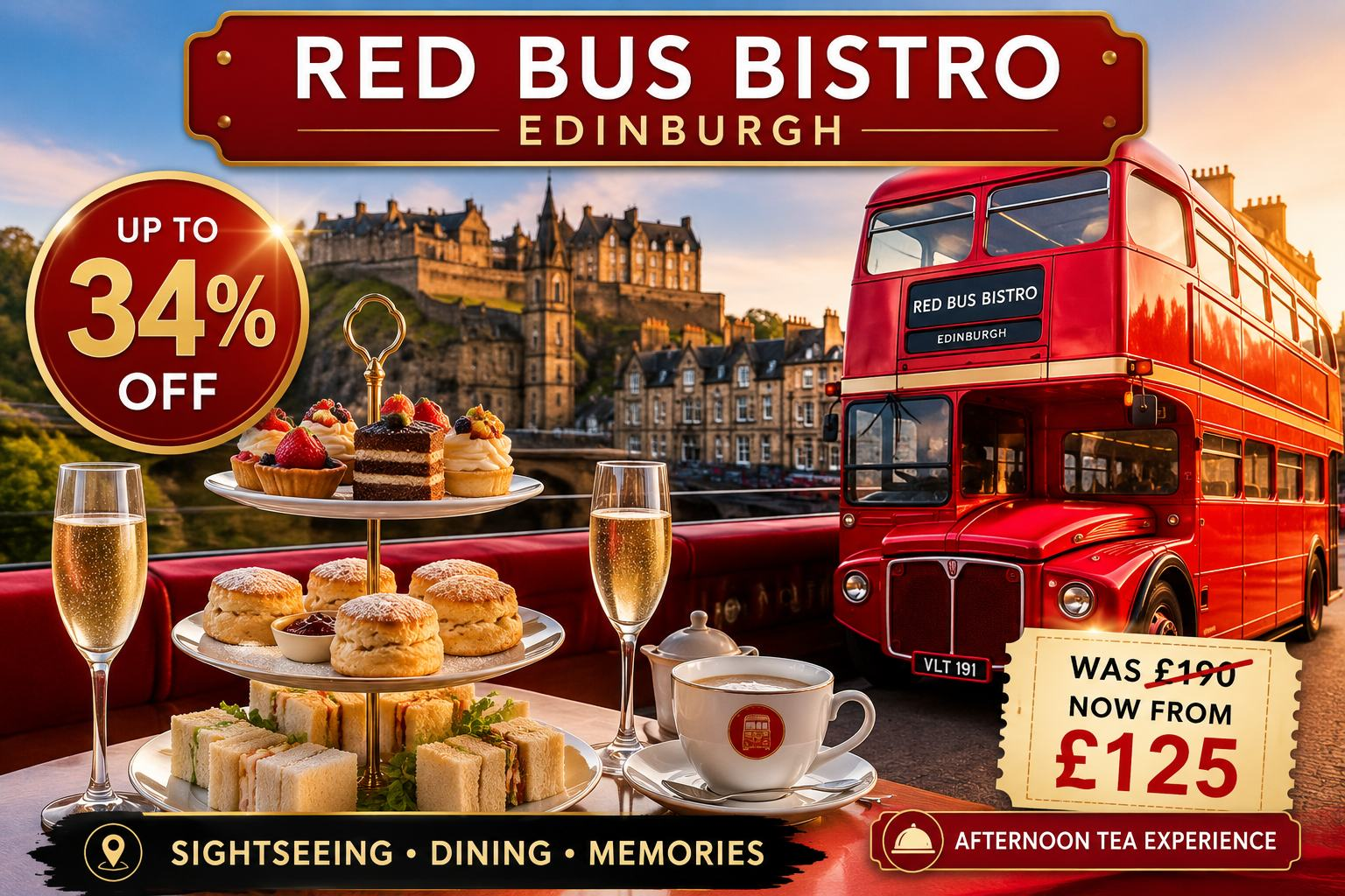 Prosecco Afternoon Tea Bus Tour in Edinburgh for 2 to 4 People