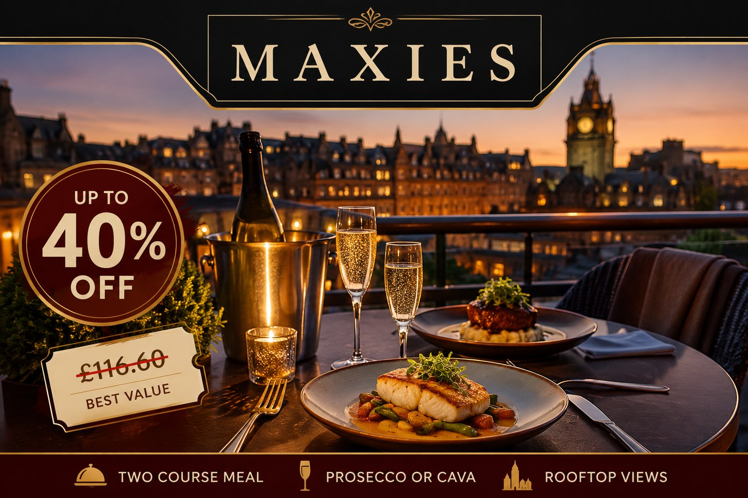 Two-Course Meal with Prosecco or Cava for 2 or 4 with Rooftop Views in Edinburgh Old Town – Up to 40% Off